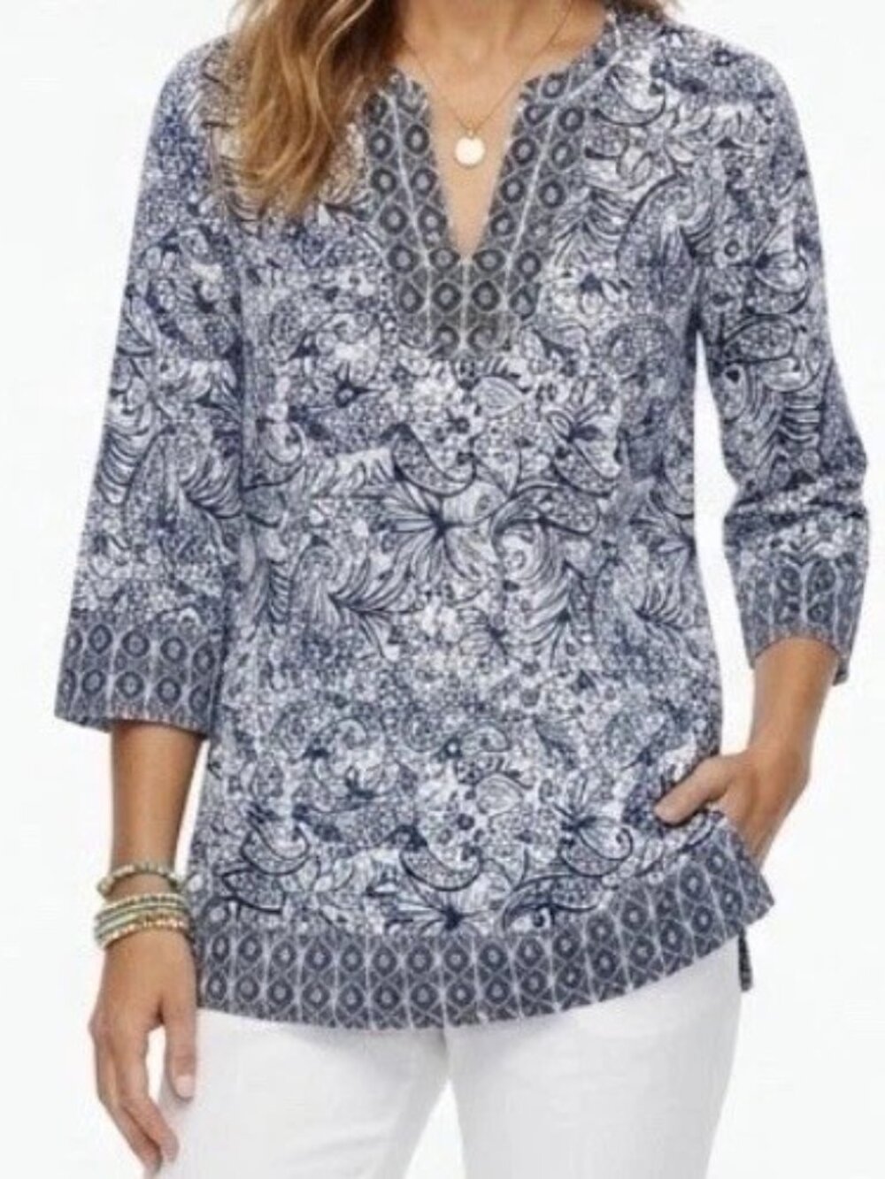 Sigrid Olsen Linen Shirt Top SMALL Blue White Paisley Floral Tunic Boho